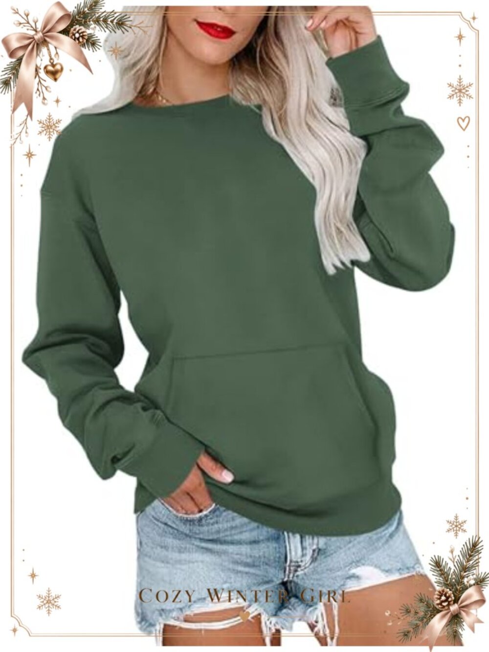 Womens Crewneck Sweatshirt Long Sleeve Pullover Kangaroo Pocket Relaxed Fit